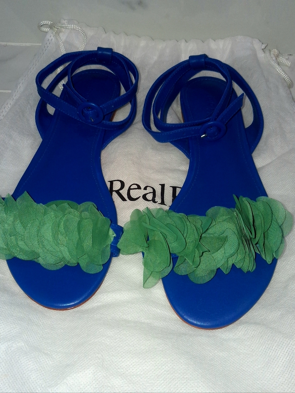 Dondoks Paris Leather Blue & green floral embellished sandals with ankle strap - Picture 3 of 11